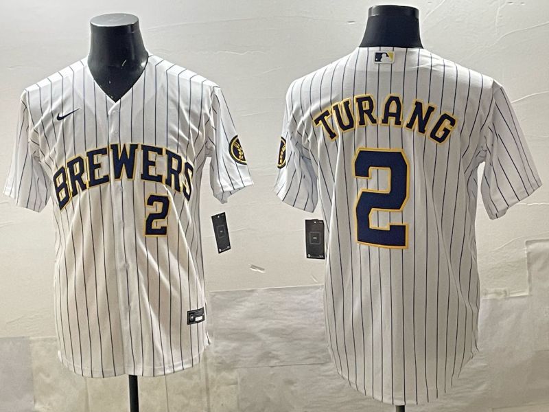 Men 2025 Milwaukee Brewers #2 Turang White Stripe 2025 Nike MLB Jersey 015